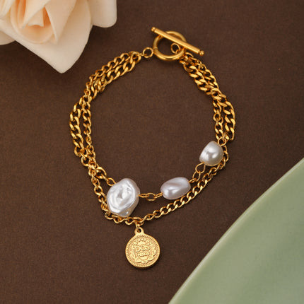 Pulsera De Doble Cadena Con Perlas Y Cierre OT De Cobre Chapado En Oro 14K