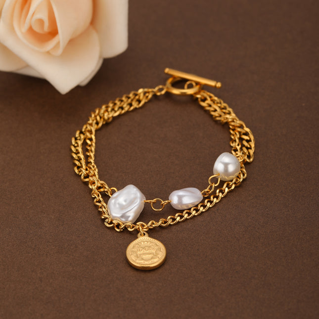Pulsera De Doble Cadena Con Perlas Y Cierre OT De Cobre Chapado En Oro 14K