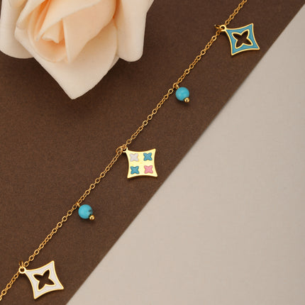 Pulsera De Acero 14K Con Colgantes De Turquesa Azul Y Formas Cuadradas