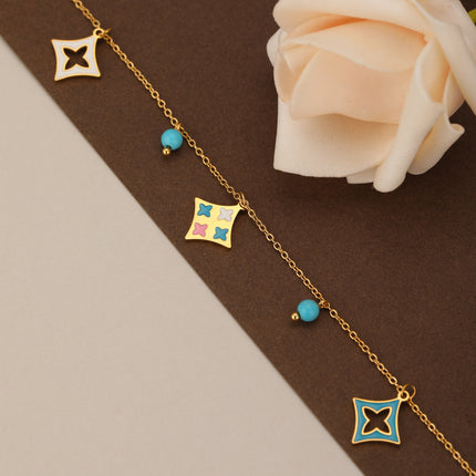 Pulsera De Acero 14K Con Colgantes De Turquesa Azul Y Formas Cuadradas
