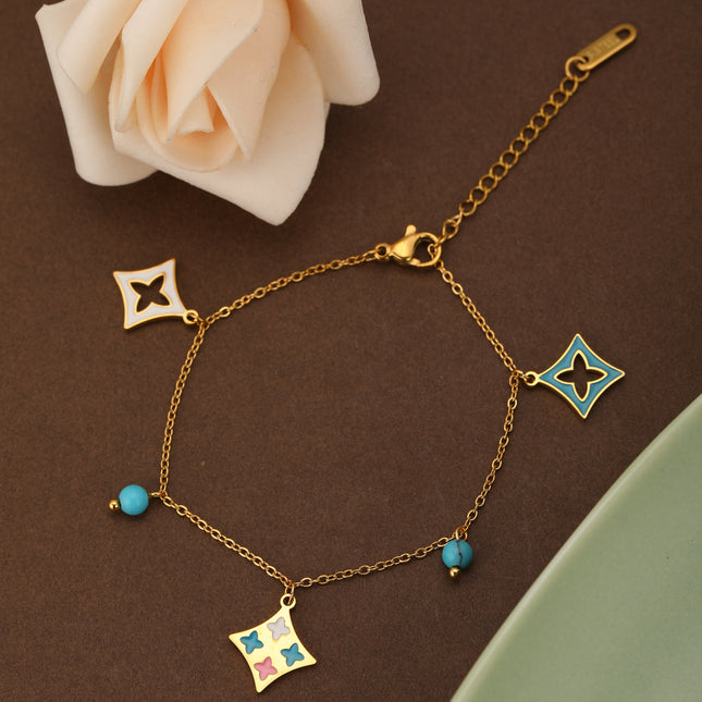 Pulsera De Acero 14K Con Colgantes De Turquesa Azul Y Formas Cuadradas