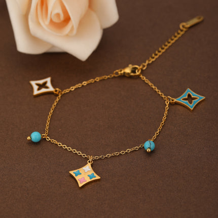 Pulsera De Acero 14K Con Colgantes De Turquesa Azul Y Formas Cuadradas