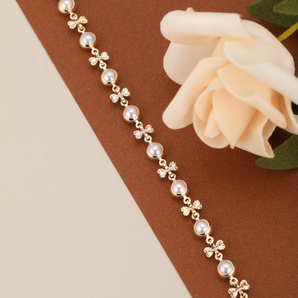 Pulsera De Cadena Con Hojas Y Perlas Sintéticas Enlazadas Para Mujer