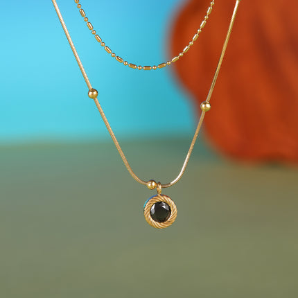 Collar De Doble Capa De Cadena De Serpiente Con Cuentas De Arroz Con Circón Redonda Y Bolas