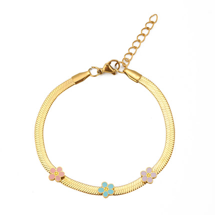Pulsera Dorada Con Tres Flores De Colores Y Cadena Serpiente