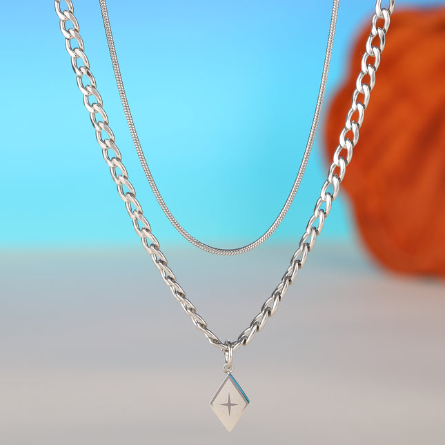 Collar De Acero Inoxidable Con Elementos Poligonales Personalizados De Moda De Doble Capa