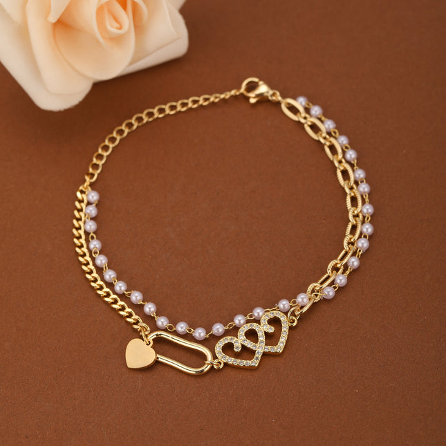 Pulsera Doble Capa Con Corazón Cadena De Perla Artificial Estilo Moderno