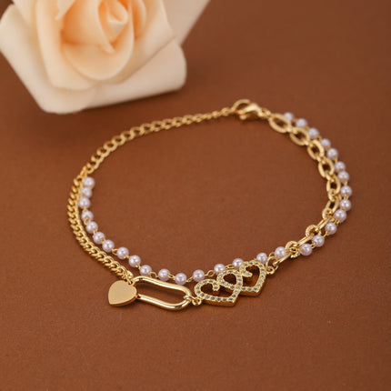 Pulsera Doble Capa Con Corazón Cadena De Perla Artificial Estilo Moderno