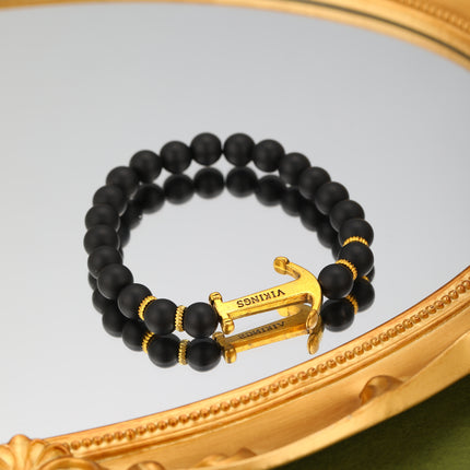 Pulsera De Cuentas Negras Mate Con Ancla Estilo Náutico