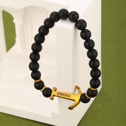 Pulsera De Cuentas Negras Mate Con Ancla Estilo Náutico