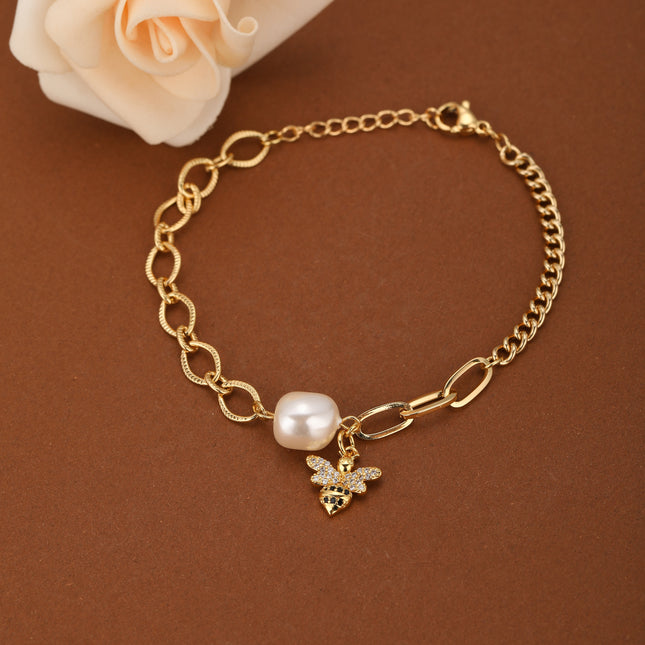 Pulsera De Cadena Con Colgante De Abeja Y Perlas Artificiales Elegante