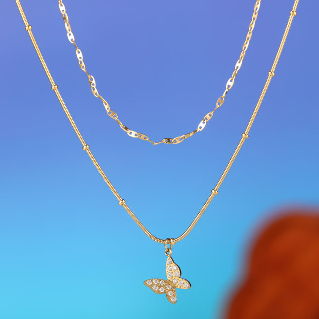 Collar De Acero Inoxidable De Cadena De Serpiente En Forma De 8 Con Mariposa Y Bolas De Acero