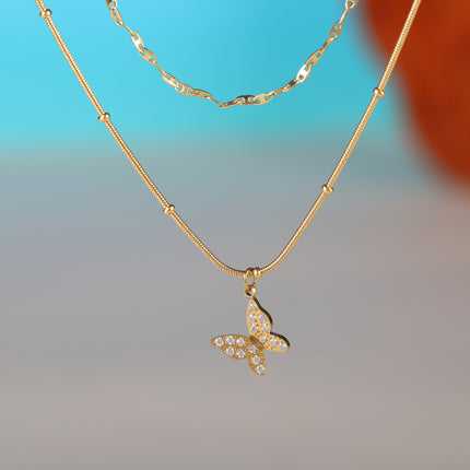 Collar De Acero Inoxidable De Cadena De Serpiente En Forma De 8 Con Mariposa Y Bolas De Acero
