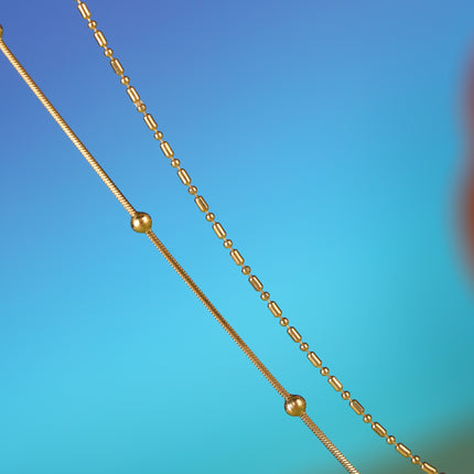 Collar De Doble Capa De Cadena De Serpiente Con Cuentas De Arroz Con Circón Redonda Y Bolas