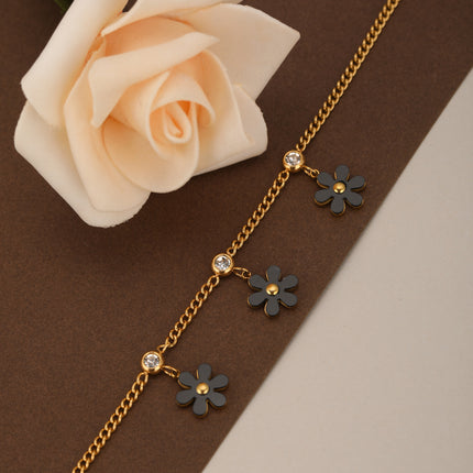 Pulsera De Acero Con Flores Negras Y Zirconias, Baño De Oro 14K