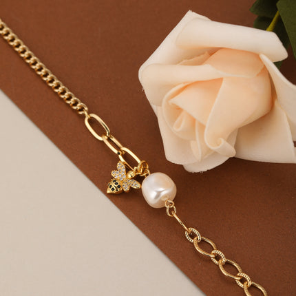 Pulsera De Cadena Con Colgante De Abeja Y Perlas Artificiales Elegante