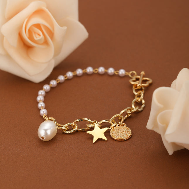Pulsera De Moda Con Perlas Artificiales, Estrella De Acero Inoxidable