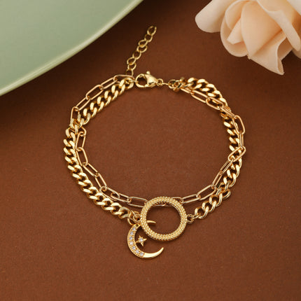 Pulsera De Cadena Con Luna Y Círculo Incrustado De Zirconia Para Mujer