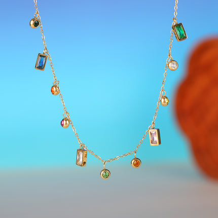 Collar De Acero Inoxidable Con Colgantes De Circones Redondas Y Cuadradas De Colores