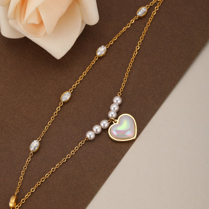 Pulsera Doble Con Corazón De Perlas Y Diamantes Ovalados De Cobre Chapado En Oro 14K