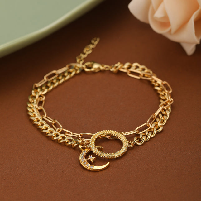 Pulsera De Cadena Con Luna Y Círculo Incrustado De Zirconia Para Mujer