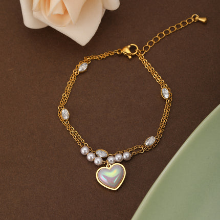 Pulsera Doble Con Corazón De Perlas Y Diamantes Ovalados De Cobre Chapado En Oro 14K