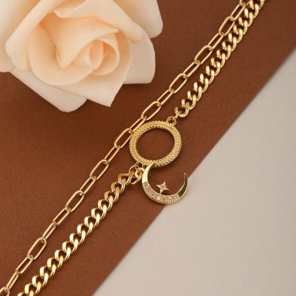 Pulsera De Cadena Con Luna Y Círculo Incrustado De Zirconia Para Mujer