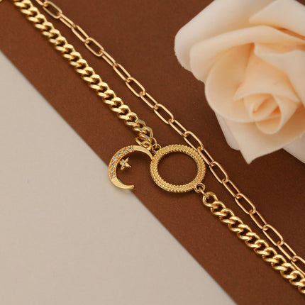 Pulsera De Cadena Con Luna Y Círculo Incrustado De Zirconia Para Mujer