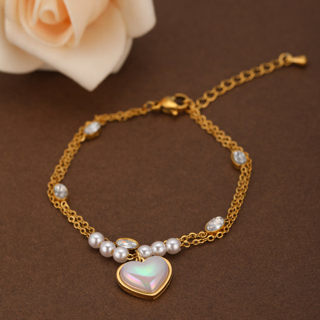 Pulsera Doble Con Corazón De Perlas Y Diamantes Ovalados De Cobre Chapado En Oro 14K
