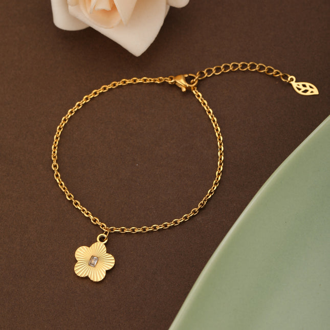 Pulsera De Cadena Acero Inoxidable Con Flor Y Circon Rectangular