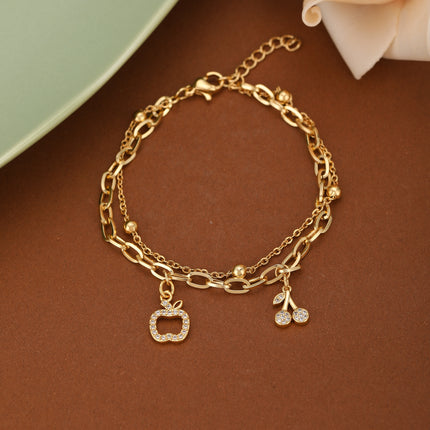 Pulsera De Cadena Con Manzana Y Cereza Hueca Con Zirconia Acero Inoxidable