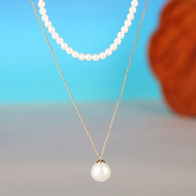 Collar De Doble Capa De Cadena De Perlas Elegante  Y Acero Inoxidable Con Colgante De Perla Grande