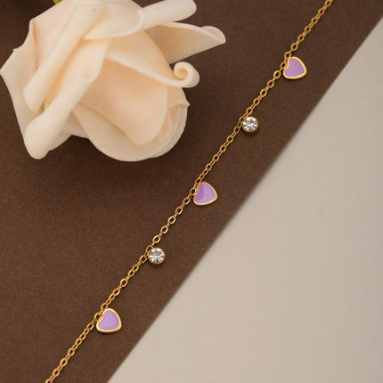 Pulsera De Cadena Con 3 Corazones Morados Y 2 Colgantes De Circonita