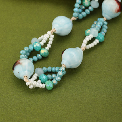 Collar Largo Bohemio Con Cristal Azul Artificial Y Concha De Cerámica
