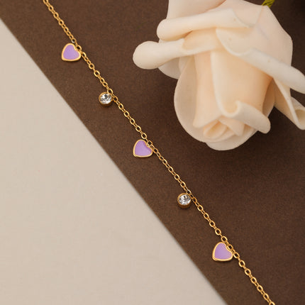 Pulsera De Cadena Con 3 Corazones Morados Y 2 Colgantes De Circonita
