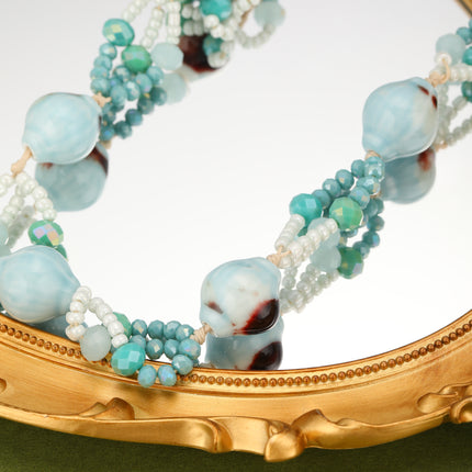 Collar Largo Bohemio Con Cristal Azul Artificial Y Concha De Cerámica