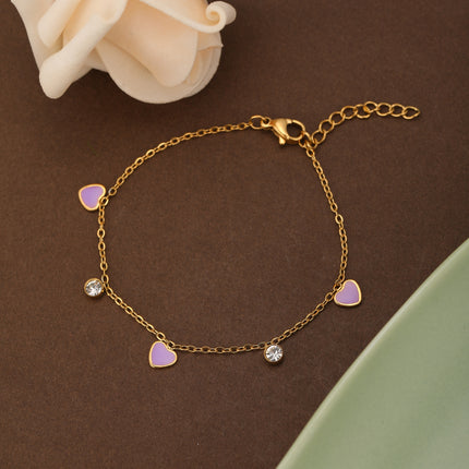 Pulsera De Cadena Con 3 Corazones Morados Y 2 Colgantes De Circonita