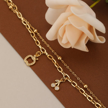 Pulsera De Cadena Con Manzana Y Cereza Hueca Con Zirconia Acero Inoxidable