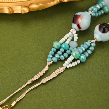 Collar Largo Bohemio Con Cristal Azul Artificial Y Concha De Cerámica