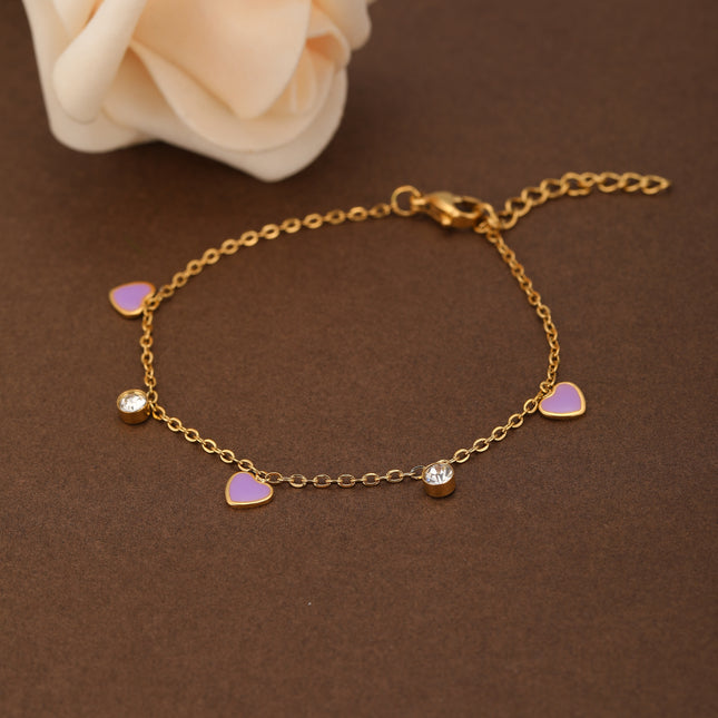 Pulsera De Cadena Con 3 Corazones Morados Y 2 Colgantes De Circonita