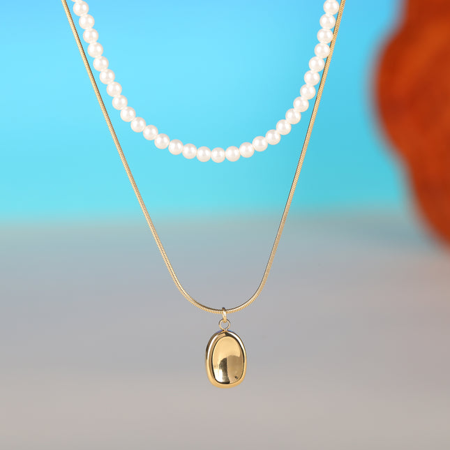 Collar De Doble Capa De Cadena De Serpiente Y Perlas Elegante Con Circón Ovalada