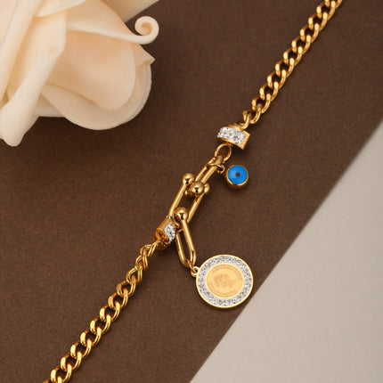 Pulsera Con Colgante Redondo Y Hebilla De Caballo, Acero 14K