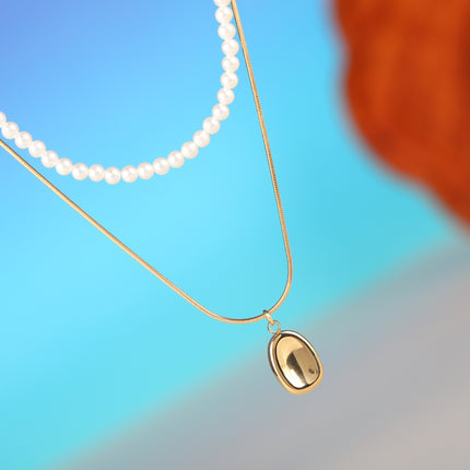 Collar De Doble Capa De Cadena De Serpiente Y Perlas Elegante Con Circón Ovalada