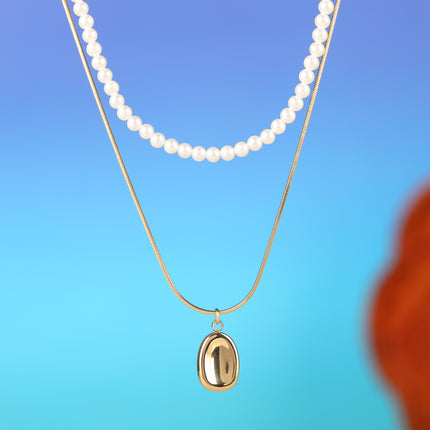 Collar De Doble Capa De Cadena De Serpiente Y Perlas Elegante Con Circón Ovalada