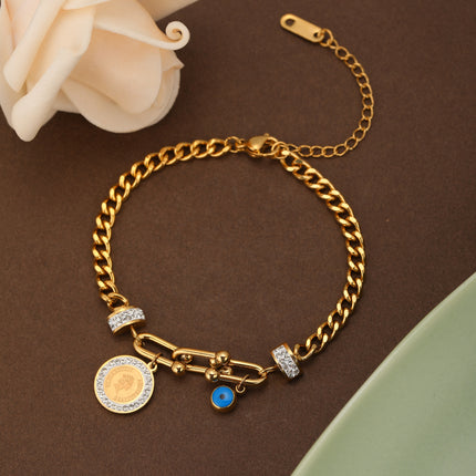 Pulsera Con Colgante Redondo Y Hebilla De Caballo, Acero 14K