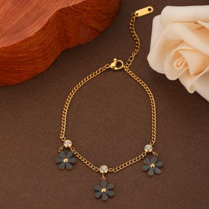 Pulsera De Acero Con Flores Negras Y Zirconias, Baño De Oro 14K