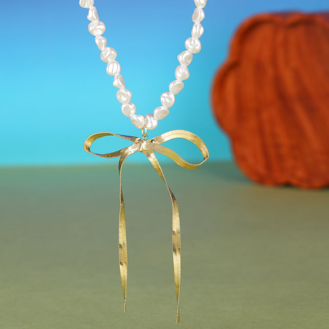 Collar De Cuentas De Perlas Irregulares Con Lazo De Lujo Leve De Moda Para Mujer