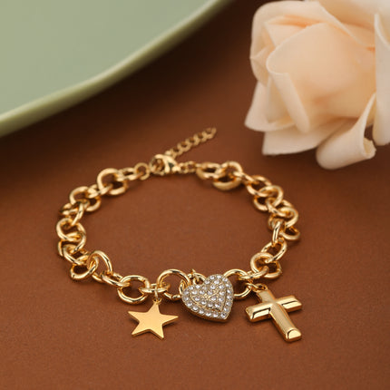 Pulsera De Cadena De Anillos Gruesos Con Colgantes De Cruz Y Corazón