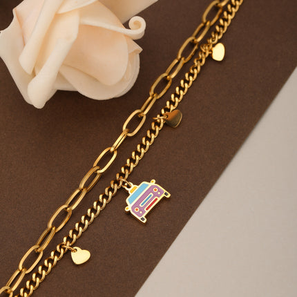 Pulsera De Doble Cadena Con Colgante De Corazón Y Automóvil Colorido