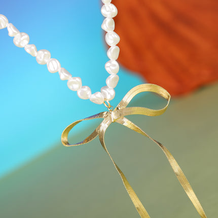 Collar De Cuentas De Perlas Irregulares Con Lazo De Lujo Leve De Moda Para Mujer
